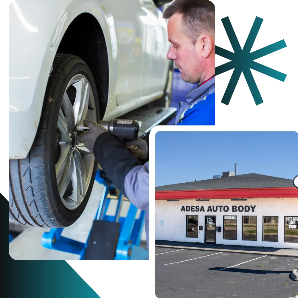 Technician repairing a car tire at an auto body shop