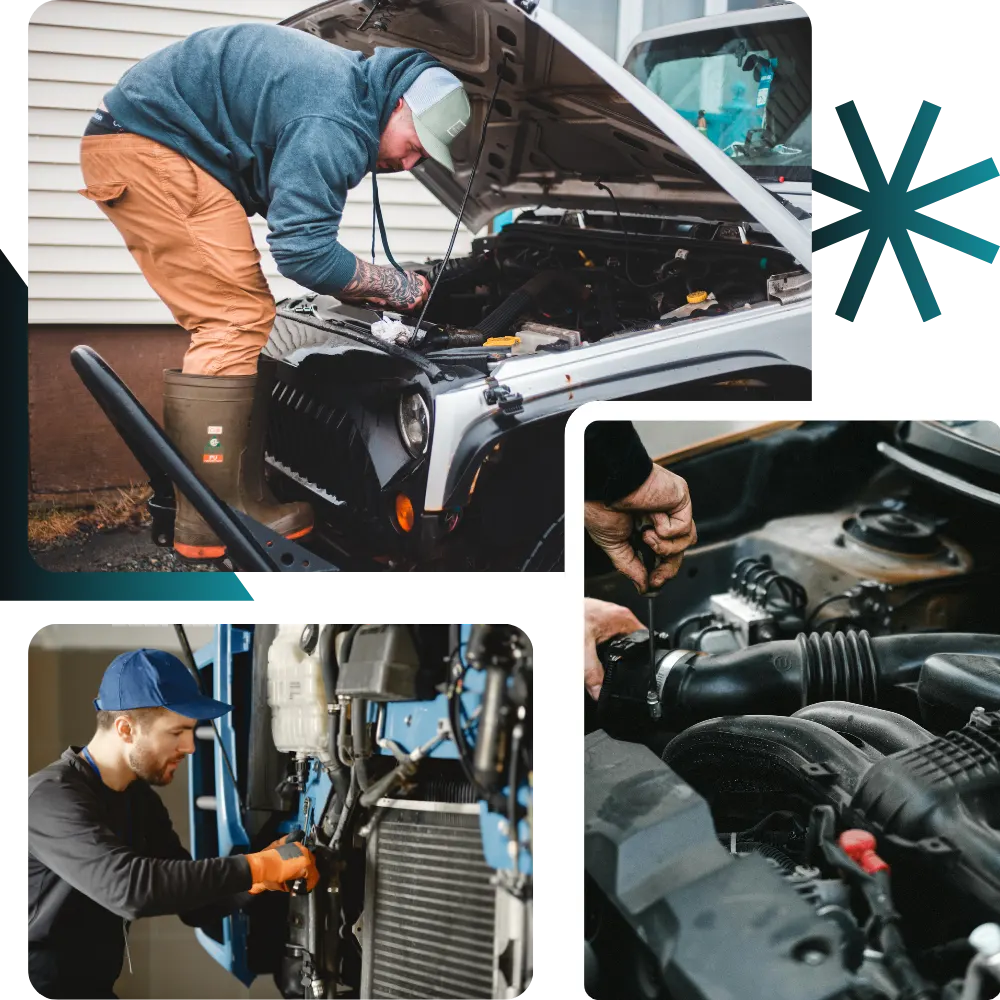 Auto technicians inspecting and repairing engine and cooling system components after collision damage