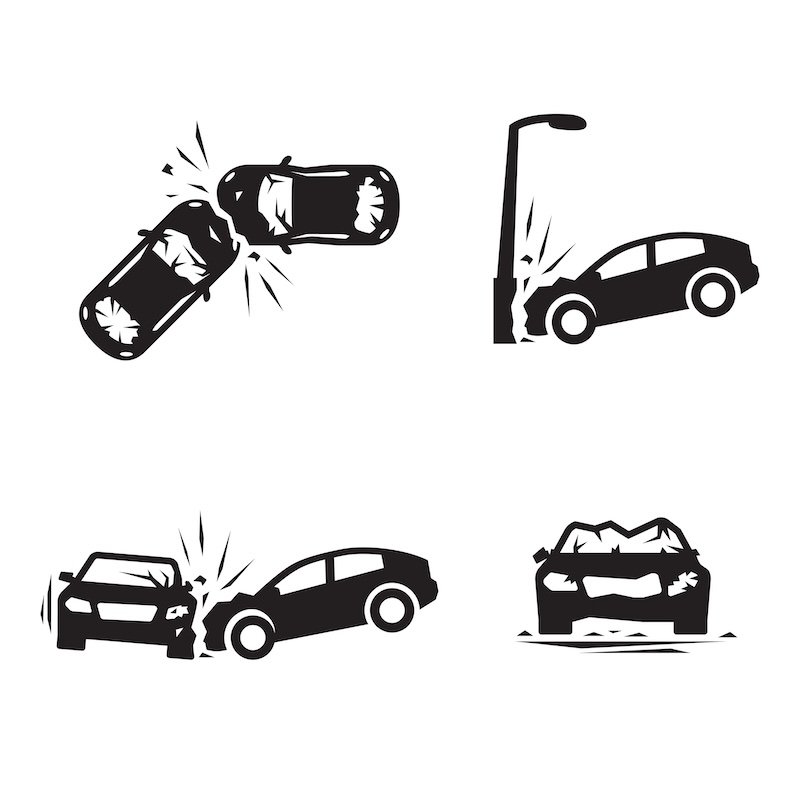 Crashed Cars vector Car eccident icons set. Black on a white background after an accident