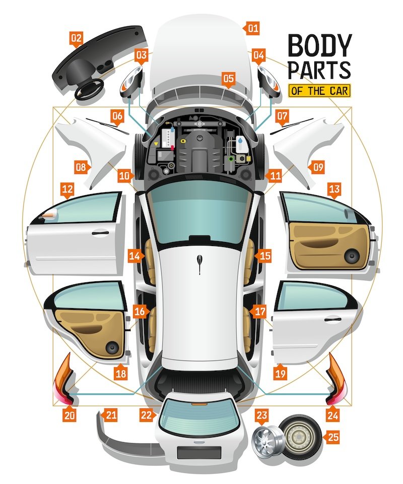 Parts of a body of the white car are spread out on a floor as analysis and entered in a circle and a square, like Leonardo Da Vinci's sketch.