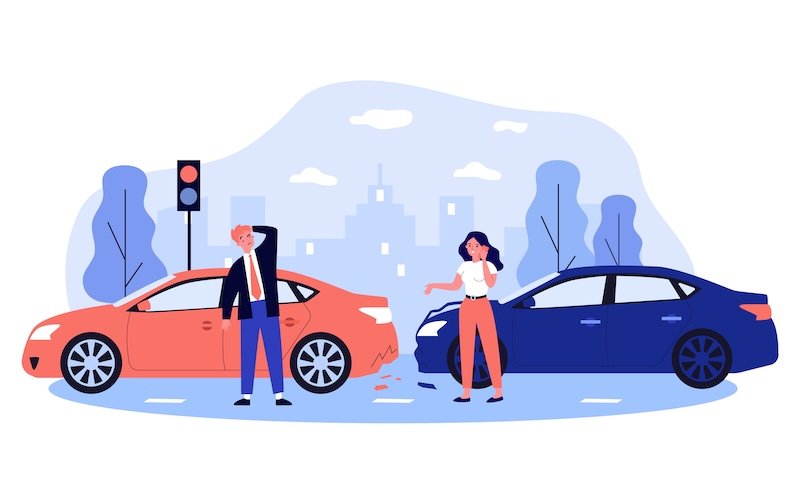 Car drivers in accident on city street. Frustrated people talking on phone near damaged vehicles on road. For car driving, emergency, road incident, motor insurance concept.